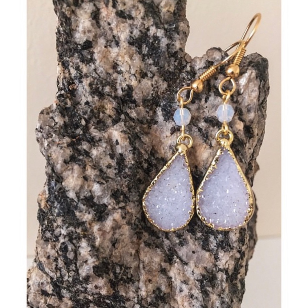 White Crystal Druzy Gemstone Teardrop Gold Dangly Earrings